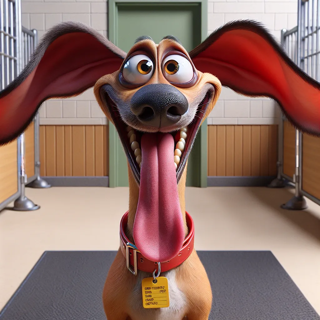 Prompt: a whimsical 3D portrait of an very happy panting dog  with big friendly eyes, a big bulbous nose in viewer's face, big head, long ears, long tongue, long tall narrow neck with red collar and gold dog tags, silly facial expression, humorous, realistic facial features, realistic fur, real textures, dog pound kennel setting