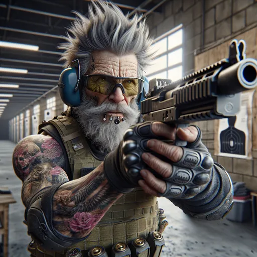 Prompt: 3d photo realistic,  closeup,  caricature of A rough burly grandma with tattoos unkempt hair and gnarly teeth, wearing goggles and ear protection is at a gun range for target practice. she is aiming and firing her gun directly at the viewer, dynamic pose. Setting is an indoor gun range. 