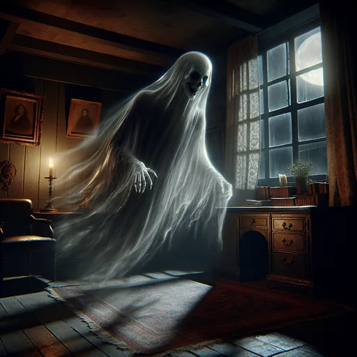 Prompt: Transparent ghost flying across a room, frightening