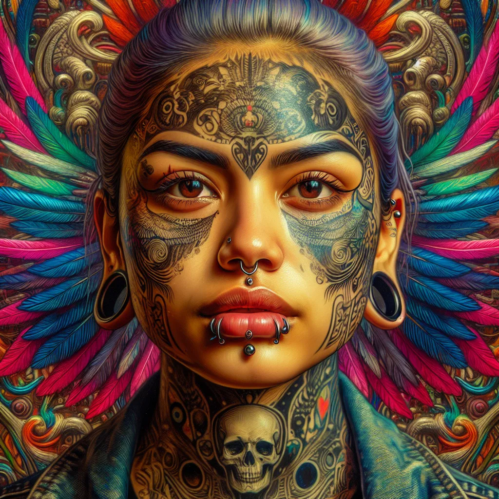 Prompt: Closeup, Head shot, a woman looking at viewer, with tattoos and piercings on her face and neck, with a colorful background of feathers and a skull, Art Germ, gothic art, highly detailed oil painting, cyberpunk art