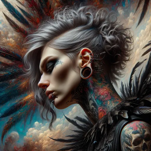 Prompt: Closeup view from below, Head shot, a woman looking down at viewer, with tattoos and piercings on her face and neck, with a colorful background of feathers and a skull, Art Germ, gothic art, vivid colors, highly detailed oil painting, cyberpunk art