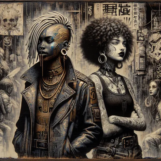 Prompt: 3D wet oil painting, anime style, two girls with tattoos and piercings standing next to each other in a room with graffiti on the walls, Art Germ, gothic art, trending on art station, cyberpunk art