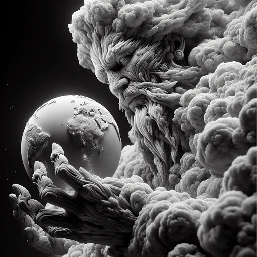 Prompt: Closeup Black and white 3D Artistic View from below, African god, African theme, stark Image of a rugged omnipotent god-like black man made entirely of clouds he is holding the earth in one hand frowning looking down upon the earth in judgement other hand clutching his chest, black man, gestural pose, face is tilted downward, golden lightning lights up his face, golden highlights hi res