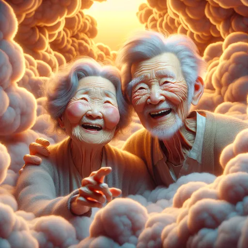 Prompt: 3D, nostalgic, an 85 year-old wrinkled old couple, very happy and smiling, floating through the clouds in an elegant surreal and dreamlike dream world, Looney Toons style, vivid colors, meticulously detailed, hi-res, surreal, dreamlike, happy expression, dream world, 3D, elderly, floating, smoldering smoke, vivid colors, Looney Toons style, meticulous detail, carefree atmosphere, warm lighting