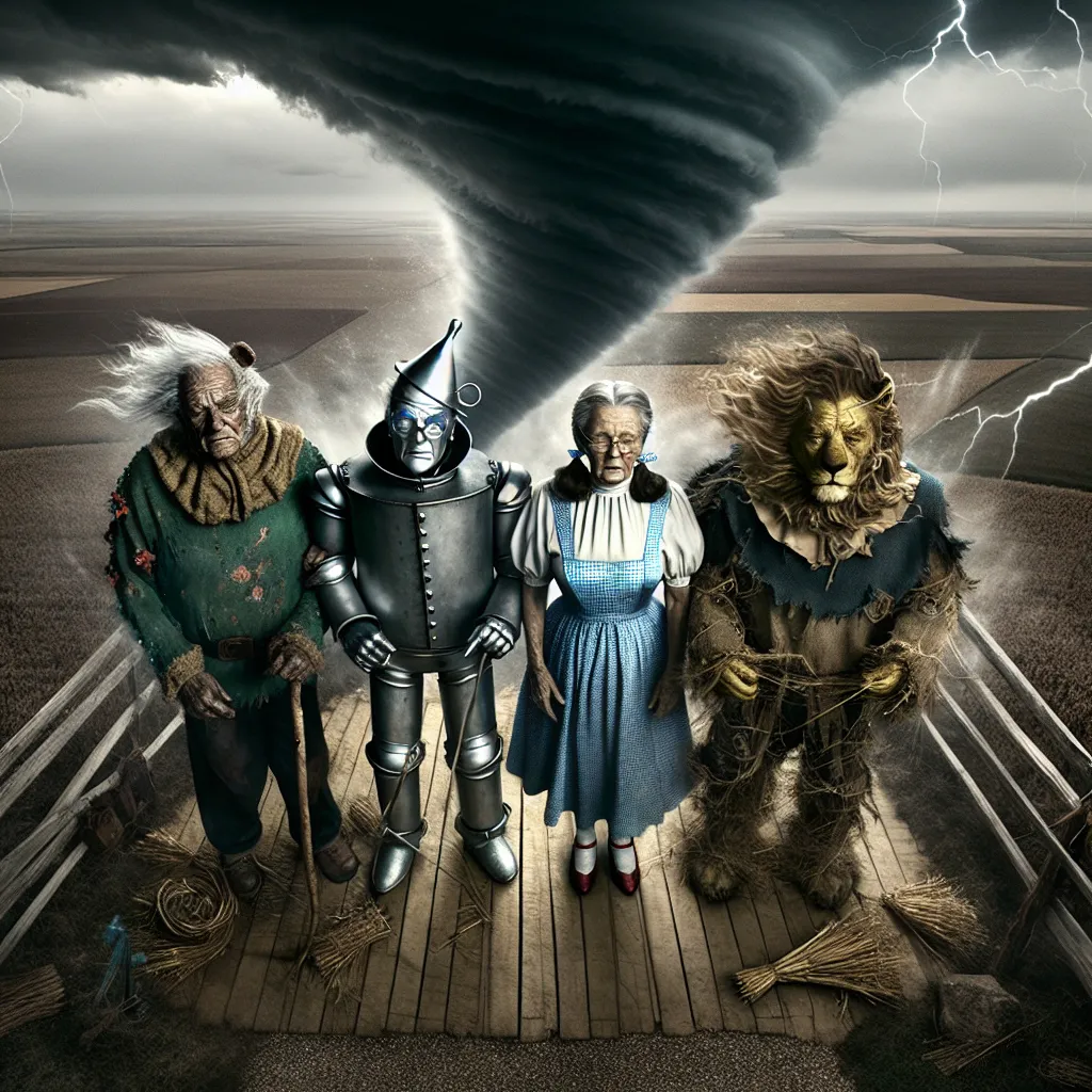 Prompt: Photo realistic, view from above Looney Toons style, render portrait, 100 year old wrinkled (Dorothy, Tin Man, Cowardly Lion, Scarecrow are four old aged faded characters from Wizard of Oz) all are flailing flying around inside the top of a tornado cyclone, dark rotating storm clouds lightning,  Kansas farm setting, hi res, detailed features, 