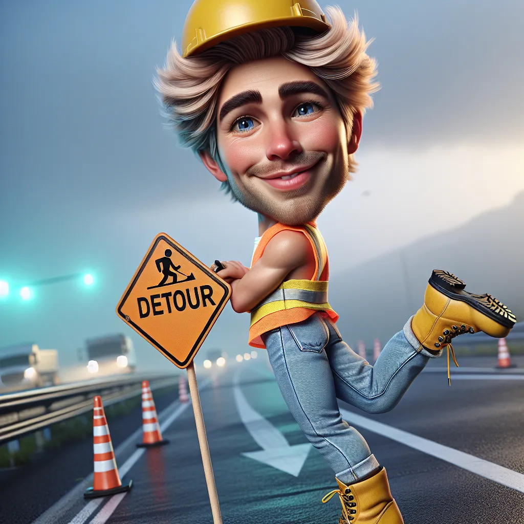 Prompt: 
Closeup Ultra Realistic Whimsical caricature of a cheeky male construction worker with expressive, blonde hair, blue jeans yellow hard hat, and a yellow and orange safety vest. he is in a dynamic pose at a highway  job site. he is wearing black boots,  holding an orange "detour" sign background misted soft muted colours chic art cool vibes