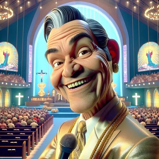 Prompt:  3D, depth of field, an 55 year-old wrinkled man, evangelical preacher, happy and smiling wearing a fancy preacher suit and gold jewelry standing at the church podium aggressively preaching to the choir, Looney Toons style, deceptive facial features, meticulously detailed, hi-res, surreal, sneaky expression, cross, stained glass, religious decor, Looney Toons style, meticulous detail, ominous atmosphere, massive audience, huge rich mega church setting, humorous, bright stage lighting