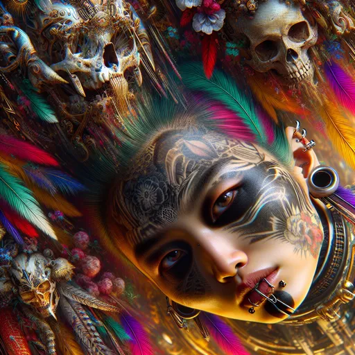 Prompt: Closeup view from below, Head shot, a woman looking down at viewer, with tattoos and piercings on her face and neck, with a colorful background of feathers and a skull, Art Germ, gothic art, vibrant colors, highly detailed oil painting, cyberpunk art