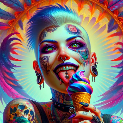 Prompt: Extreme Closeup view from below, Head shot, teasing facial expression, a woman looking at viewer licking an ice cream cone, with tattoos and piercings on her face and neck, with a colorful background of feathers and a skull, Art Germ, gothic art, vibrant colors, highly detailed oil painting, cyberpunk art