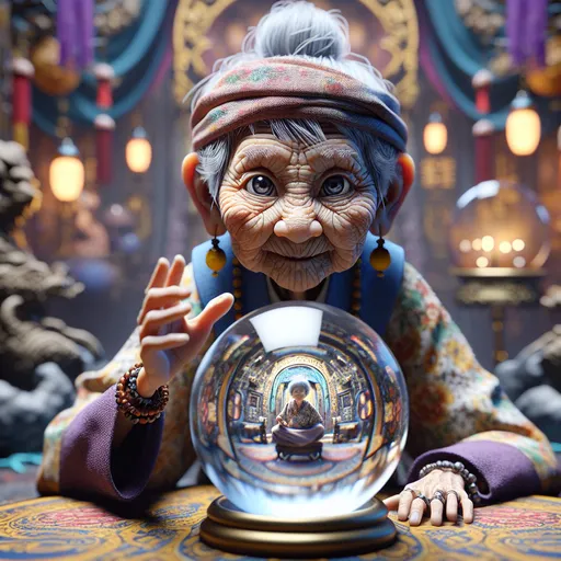 Prompt: 3D closeup, anime style, a little person, a creepy old wrinkled old woman, drifter  type dress and head scarf, waving her hand over a  crystal ball, (fish eye view clear glass crystal ball shows a person from the future), humorous, realistic facial features, intricate details, creepy seance setting, hi res, vibrant color