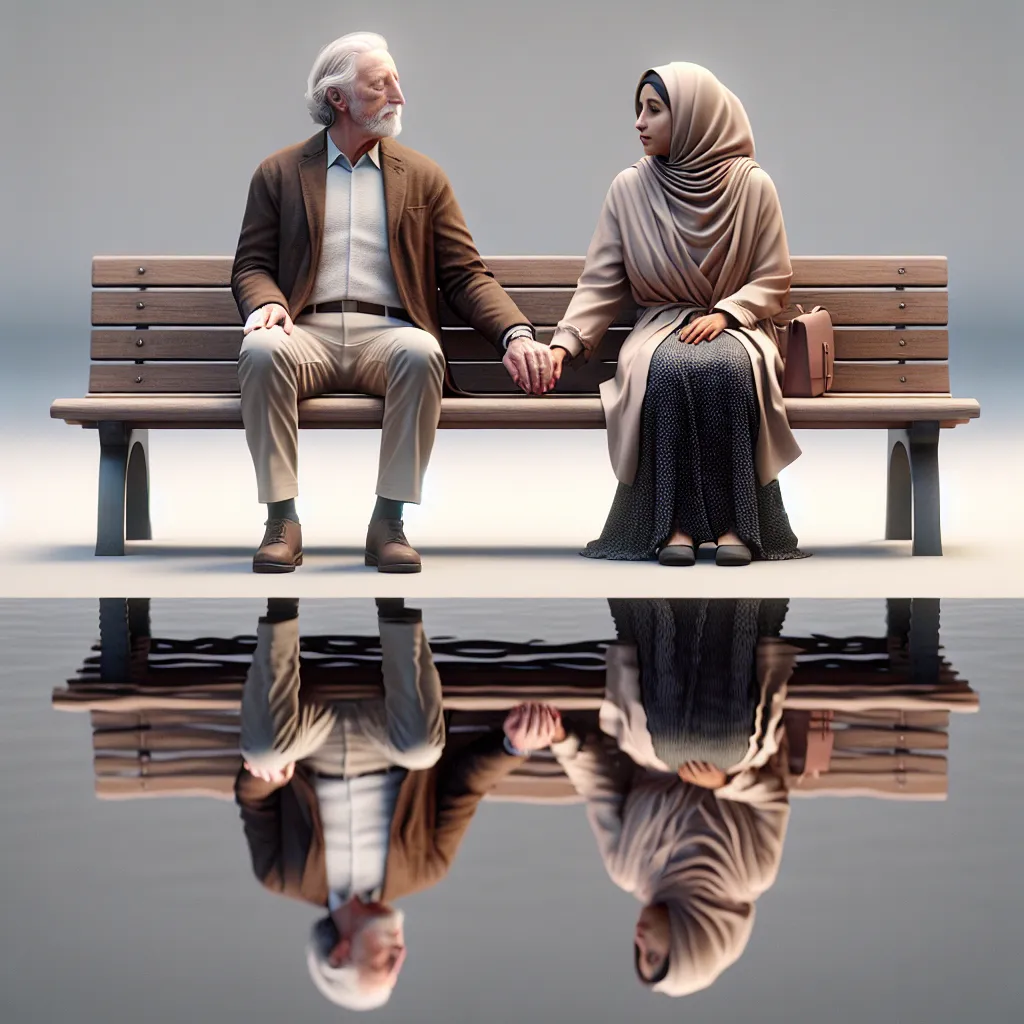 Prompt: an older man and woman sitting on a bench next to each other holding hands (young man and woman holding hands reflection in the water), Filip Hodas, photorealism, photorealistic imagery, a 3D render