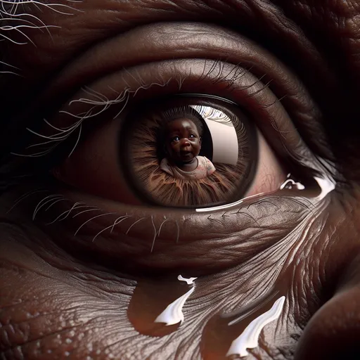 Prompt: 3D extreme closeup of a lightly wrinkled black man's apple shaped eye reflecting a cute toddler black girl, (tear in the corner), (apple-shaped pupil), realism, nostalgic, ultra high resolution, detailed reflection, emotional, realistic, warm tones, soft lighting, realistic natural skin texture, gray eyebrow, high quality, heartwarming atmosphere