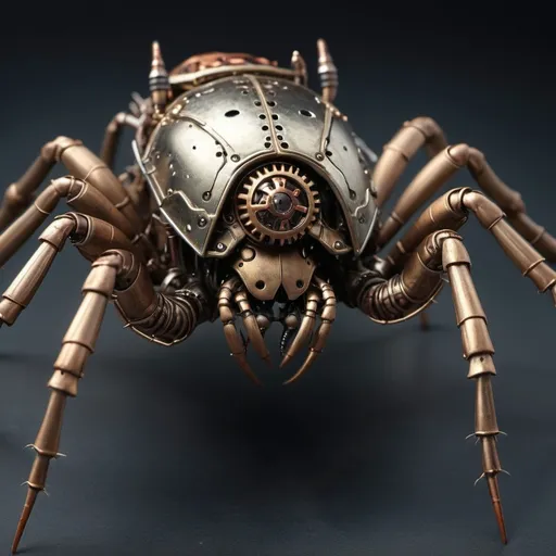 Prompt: Photo realistic, closeup, steampunk, armored crawling insect spider