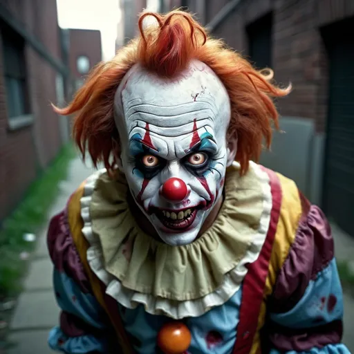 Prompt: Photo realistic, closeup, fisheye,  Zombie evil killer clown  crazy eyes walking on a dark poorly lit back alley, frightening