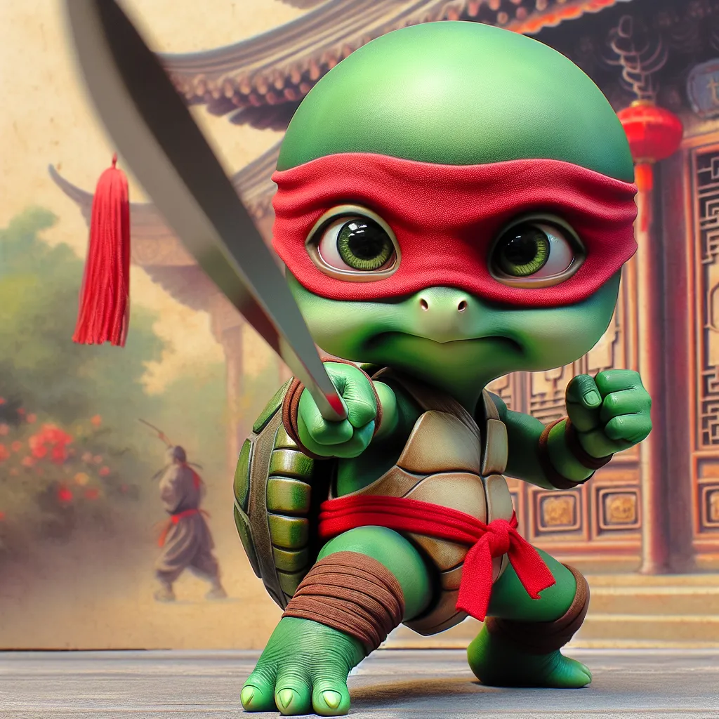 Prompt: Closeup Photo caricature, dynamic pose little person, hybrid animal, if a green ninja turtle were an cute elephant, with turtle shell elephant trunk and elephant facial features, wearing red mask red belt karate kick toward viewer holding sword, Chinese setting, humorous