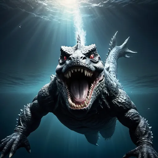 Prompt: Photo realistic, extreme closeup over shoulder view, under the ocean, a diver sees Godzilla angrily staring from beneath water surface, while swimming upward from the depths, detailed features, high quality, realistic, deep sea, intense action, monstrous creature, massive scale, dramatic lighting, professional illustration, sea life, under sea setting