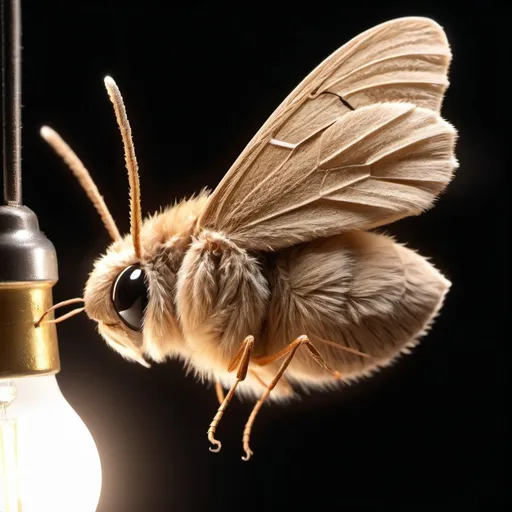 Prompt: Close-up photo-realistic, Looney Toons, profile portrait of a cute fuzzy brown and tan toned moth,( landing on the side) of a very large dimly lit lightbulb at night, front porch setting, ultra-realistic, high quality, detailed fur and wings, adorable, front porch, nighttime, warm lighting, realistic lighting effects, cute moth, fuzzy texture, lit lightbulb, detailed eyes, realistic moth wings, cozy atmosphere