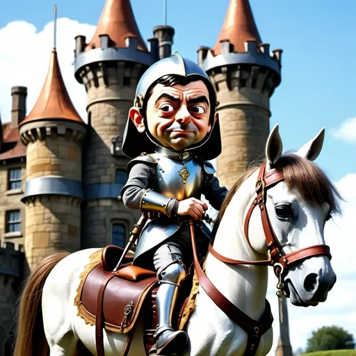 Prompt: Ultra Realistic, a little person, Mr Bean, dressed as a Knight, goggles, Steampunk, holding a lance, sitting on horse with saddle, Victorian Era castle setting, whimsical, comical, Looney Toons, vibrant colors, high quality, realistic facial features, animated, cartoon realism, details