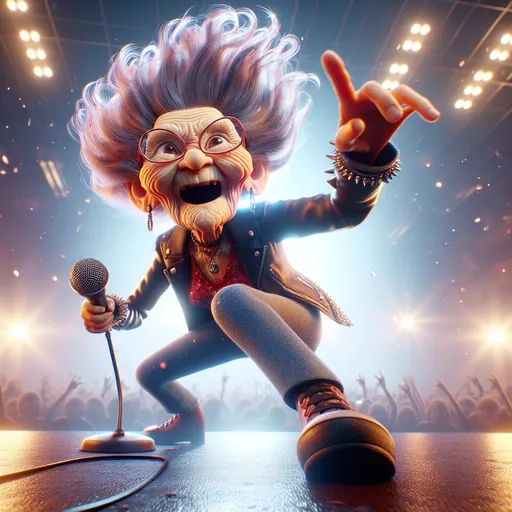 Prompt: 3D closeup View from below,  Looney Toons style, 100 year old very wrinkled old woman big 1980's hair style crazy hair with microphone, dressed as rock star (jump kicking on stage toward the viewer) singing "Let the bodies hot the floor", humorous surprised facial expression, realistic facial features, real sparks, drifting smoke, busy rock concert setting, stage lighting, high quality, high definition, vibrant colors