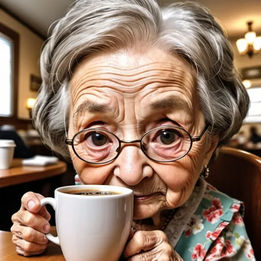 Prompt: Photo-realistic, close-up, fisheye effect, 100 year old wrinkled grandma chibi looking into coffee cup in print dress, adorable expression, fish eye lens, many detailed wrinkles and textures, high-quality, realistic, cute, heartwarming