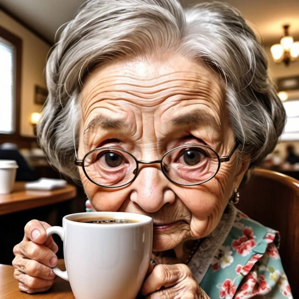 Prompt: Photo-realistic, close-up, fisheye effect, 100 year old wrinkled grandma chibi looking into coffee cup in print dress, adorable expression, fish eye lens, many detailed wrinkles and textures, high-quality, realistic, cute, heartwarming