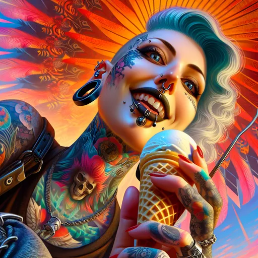 Prompt: Extreme Closeup view from below, Head shot, a woman looking at viewer licking an ice cream cone, with tattoos and piercings on her face and neck, with a colorful background of feathers and a skull, Art Germ, gothic art, vibrant colors, highly detailed oil painting, cyberpunk art