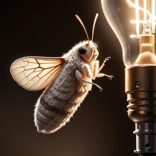 Prompt: Close-up photo-realistic, Looney Toons, (profile portrait) of a cute fuzzy brown and tan toned moth,( landing on the side) of a very large dimly lit lightbulb at night, front porch setting, ultra-realistic, high quality, detailed fur and wings, adorable, front porch, nighttime, warm lighting, realistic lighting effects, cute moth, fuzzy texture, lit lightbulb, detailed eyes, realistic moth wings, cozy atmosphere