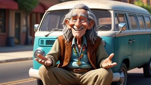 Prompt: Disney pixar comical character, 3D render style, very deeply wrinkled 100 year old man sitting on an old VW van, 1960's peace sign, old hippy man in hippie clothing smoking weed, smiling, crazy long messy hair, many finely detailed exaggerated deep wrinkles, extra wrinkles, detailed craggy facial features, whimsical, cinematic colors, front porch setting