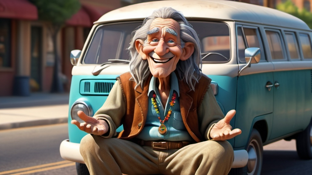 Prompt: Disney pixar comical character, 3D render style, very deeply wrinkled 100 year old man sitting on an old VW van, 1960's peace sign, old hippy man in hippie clothing smoking weed, smiling, crazy long messy hair, many finely detailed exaggerated deep wrinkles, extra wrinkles, detailed craggy facial features, whimsical, cinematic colors, front porch setting