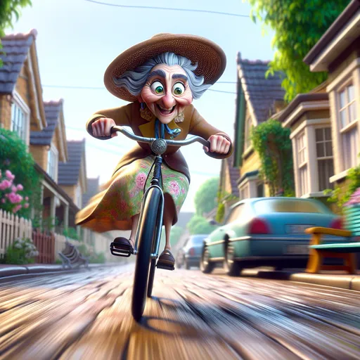 Prompt: 3D, Fleischer Cartoon style, old lady riding a bike fast, neighborhood street setting