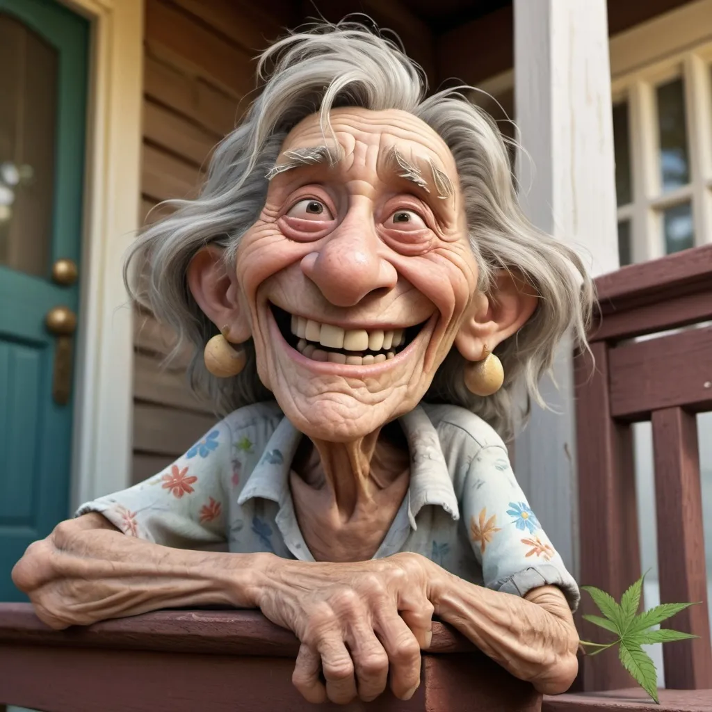 Prompt: Disney pixar comical character, 3d render style, very deeply wrinkled 100 year old, sitting on a porch old hippy lady (smoking a big weed joint), smiling, crazy long messy hair, many finely detailed exaggerated deep wrinkles, extra wrinkles, detailed craggy facial features, whimsical, cinematic colors, front porch setting