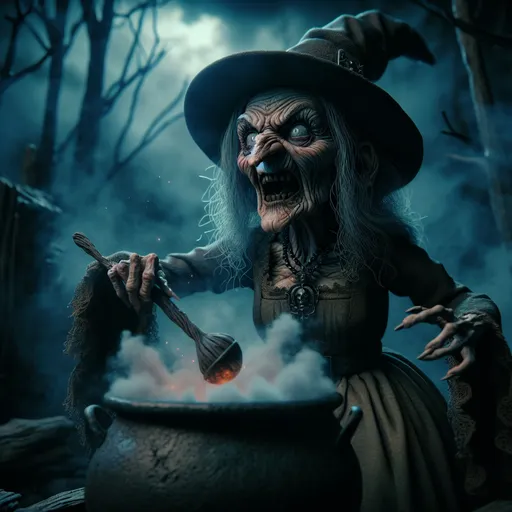 Prompt: 3D closeup, anime style, half body shot, a little person, a creepy angry wicked witch old wrinkled old woman, laughing hysterically at the sky, dress, hat stirring a bubbling smoking cauldron, fire, realistic facial features, exaggerated facial expression, intricate details, creepy dead forest at night, setting, hi res, vibrant color