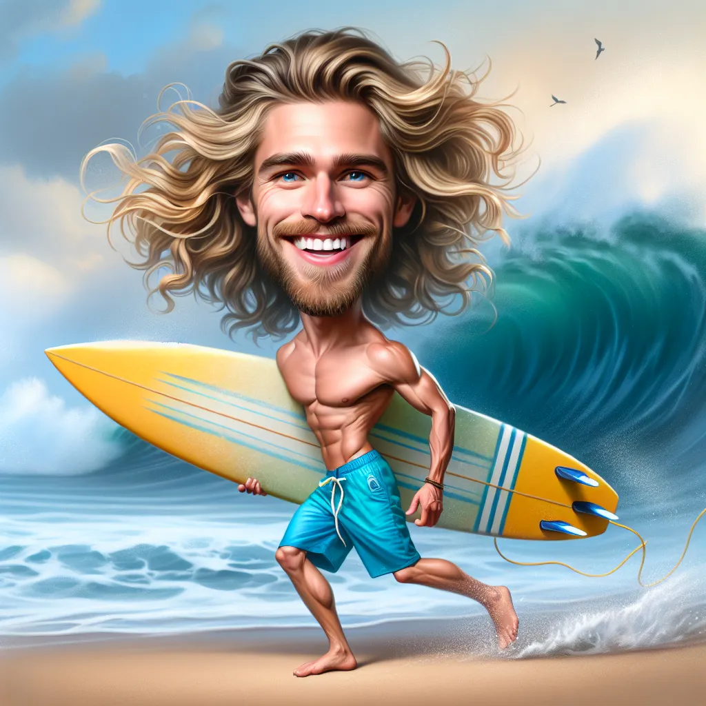 Prompt: 
Closeup Ultra Realistic Whimsical caricature of a cheeky man surfer with expressive long blonde hair, blue swim trunks and a yellow striped surfboard I'm he is in a dynamic pose.  Large breaking wave background misted soft muted colours chic art cool vibes