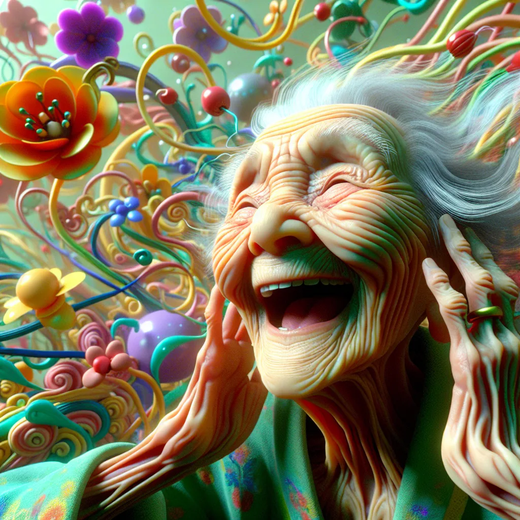 Prompt: 3D closeup of a 85 year-old wrinkled old lady, very happy and smiling, floating in a surreal and dreamlike oriental dream world, Looney Toons style, vivid colors, meticulously detailed, hi-res, surreal, dreamlike, happy expression, dream world, 3D closeup, elderly, floating, vivid colors, Looney Toons style, meticulous detail, carefree atmosphere