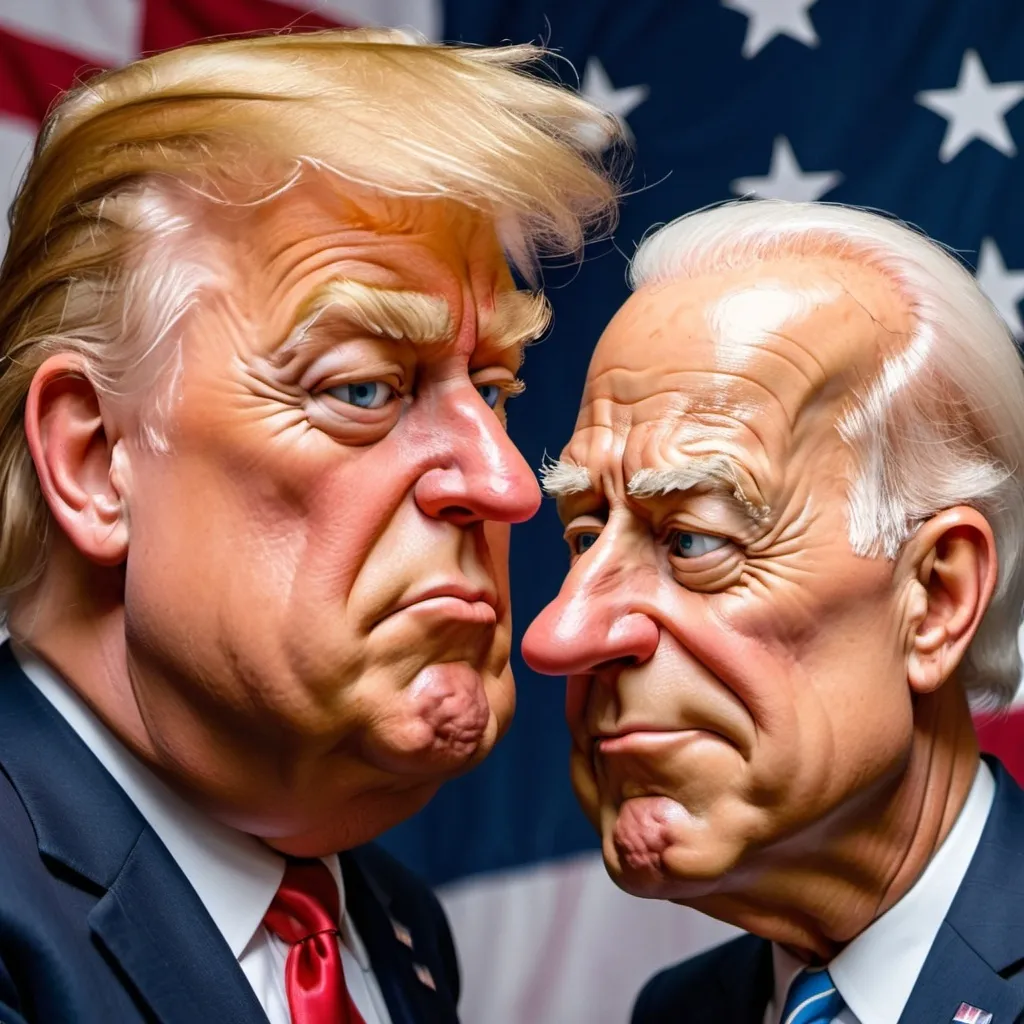 Prompt: Close-up, depth of field, style Looney Toons, a little person, exaggerated caricature, plump Donald Trump, thin Joe Biden, nose to nose, humorous expressions, painted style, comical details, high quality, professional, humorous, detailed facial features, playful lighting, background is an American flag