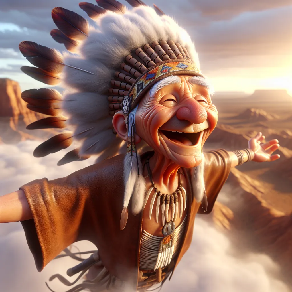 Prompt: 3D, depth of field, an 85 year-old wrinkled old man, native american chief arms extended, full headdress, very happy and smiling, floating high in the sky above a desert , an enchanted and dreamlike native american dream world, native American symbolism, Looney Toons style, native American facial features, meticulously detailed, hi-res, surreal, dreamlike, happy carefree expression, floating, copper and earth tones, Looney Toons style, meticulous detail, carefree atmosphere, humorous, warm lighting