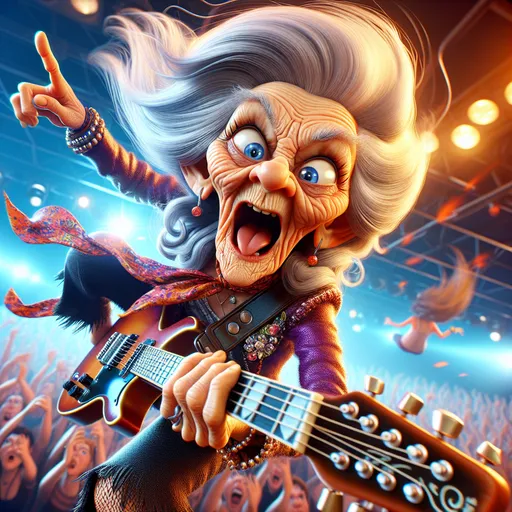 Prompt: 3D closeup View from below,  Looney Toons style, a little person, 100 year old very wrinkled old woman with electric guitar , long crazy hair dressed as rock star (jump kicking on stage toward the viewer) singing "Let the bodies hot the floor", humorous surprised facial expression, realistic facial features, real sparks, drifting smoke, busy rock concert setting, stage lighting, high quality, high definition, vibrant colors