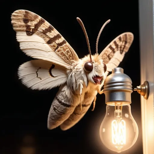 Prompt: Close-up photo-realistic, Looney Toons, (profile portrait) of a cute fuzzy brown and tan toned moth,( landing on the side) of a very large dimly lit lightbulb at night, front porch setting, ultra-realistic, high quality, detailed fur and wings, adorable, front porch, nighttime, warm lighting, realistic lighting effects, cute moth, fuzzy texture, lit lightbulb, detailed eyes, realistic moth wings, cozy atmosphere