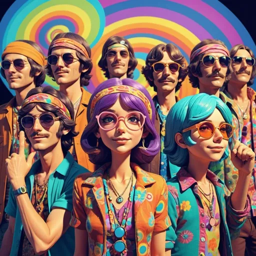 Prompt: 3D anime illustration of several Groovy 1960's hippies, vibrant colors, endless psychedelic spiral, high quality, anime, 3D, groovy, psychedelic, vibrant colors, detailed characters, retro style, professional, vibrant lighting