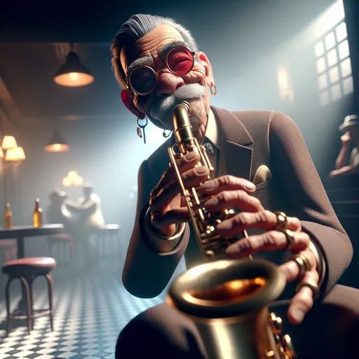 Prompt: Photo realistic, 3D view from below, depth of field, Looney Toons style, render a 100 year old very wrinkled handsome man wearing round red glasses sitting on a stool playing a saxophone pointed toward the viewer, humorous facial expression, night club setting, shiny detailed saxophone detailed facial features, wrinkles, hi res, high quality