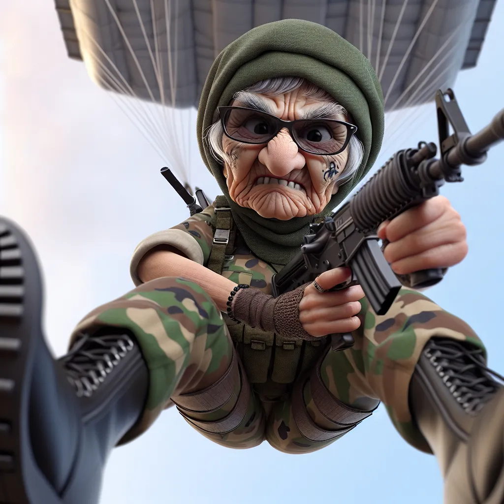 Prompt: 
Looney Toons, photo realistic, 3D, View from below, a little person,  100 year old wrinkled woman, grumpy wrinkled old woman  wearing camo face paint, camo combat gear and goggles and black boots pointing a big machine gun at the viewer while parachuting from a plane, action scene, humorous, funny exaggerated facial features, professional