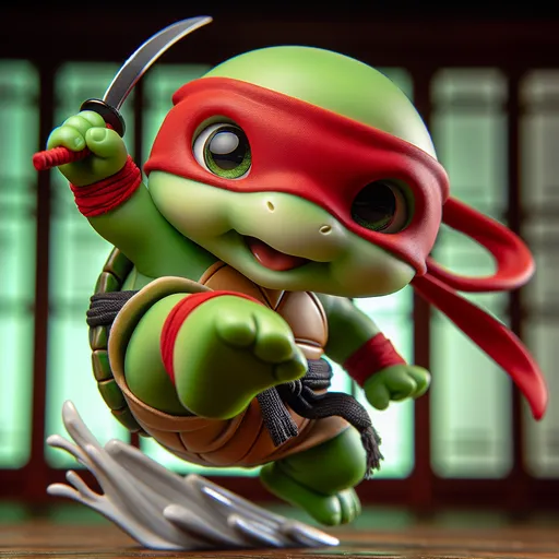 Prompt: Closeup Photo caricature, dynamic pose little person, cheeky hybrid animal, if a green ninja turtle were an cute elephant, with turtle shell elephant trunk and elephant facial features, wearing red mask red belt jumping karate kick toward viewer holding sword, Chinese setting, action scene, humorous