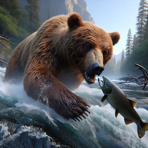 Prompt:  3D extreme closeup, gritty over the shoulder view from below a large brown bear roaring reaching within inches of the viewer to catch a large salmon, fishing for salmon, fast moving river, mountainous forest, realistic fur, vibrant colors, intricate detailed fur, intricate bear features, natural lighting, adventurous vibe, detailed scene, high quality, natural pose, realistic, wildlife, close-up, vibrant colors, forest setting, intense action, dynamic composition, detailed fur, natural lighting, exciting atmosphere