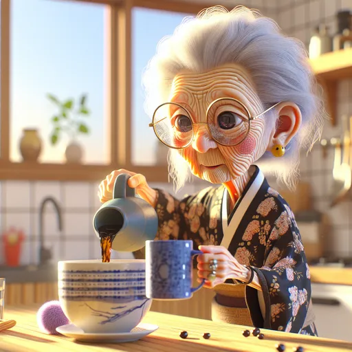 Prompt: 3D portrait, Anime style humorous, a 100 year old wrinkled old woman, round glasses, print dress, fuzzy pink slippers, pouring coffee into a big blue mug, coffee spills on table, embarrassed facial expression, exaggerated facial features, morning sunlight, kitchen setting, hi res, professional