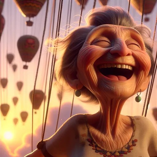 Prompt: 3D, depth of field, an 85 year-old wrinkled old native American woman, very happy and smiling, floating high in the sky at dawn , an enchanted and dreamlike native american dream world, Looney Toons style, meticulously detailed, hi-res, surreal, dreamlike, happy carefree expression, floating, earth tones, Looney Toons style, meticulous detail, carefree atmosphere, humorous, warm lighting