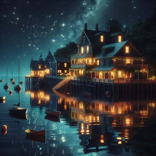 Prompt: a beautiful small New England boardwalk with boats next to the ocean at night with a reflection in the water photorealism, photorealistic imagery, a 3D render, ultra high definition