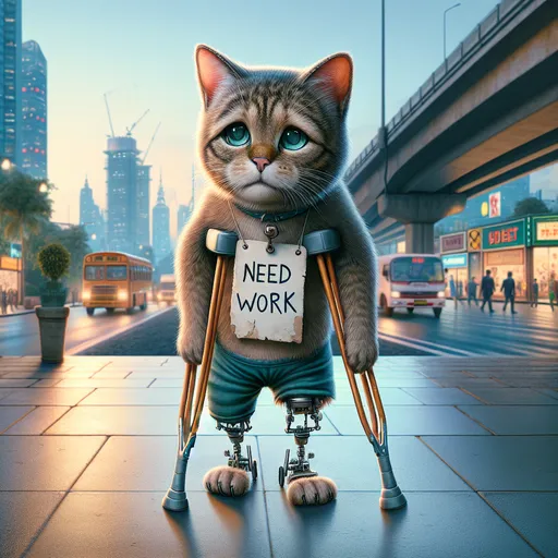 Prompt: A cute cat with two artificial legs walking upright  with two crutches, detailed legs and crutches, sad eyes, realistic features, sign around his neck reads "Need Work", busy roadside setting