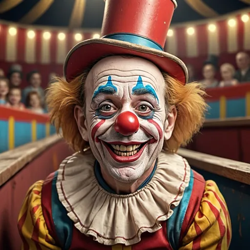 Prompt: Photorealistic closeup 3D portrait, a little person, very old worn down circus clown sitting on the bleachers, full clown face makeup, humorous exaggerated facial expression, faded 1800's circus outfit, Looney Toons style, circus tent setting, detailed facial wrinkles, show aging face, joyful expression, vintage, high quality, colorful, realistic lighting, classic clown makeup, professional artwork, detailed textures, circus theme, happy atmosphere