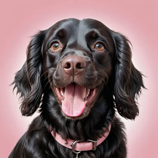 Prompt: A photo realistic image of a black sprocker spaniel with fluffy floppy ears with a happy expression and a pink tongue 