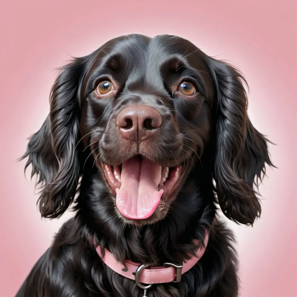 Prompt: A photo realistic image of a black sprocker spaniel with fluffy floppy ears with a happy expression and a pink tongue 